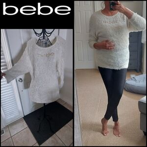 Bebe long fuzzy ivory sweater. Size large